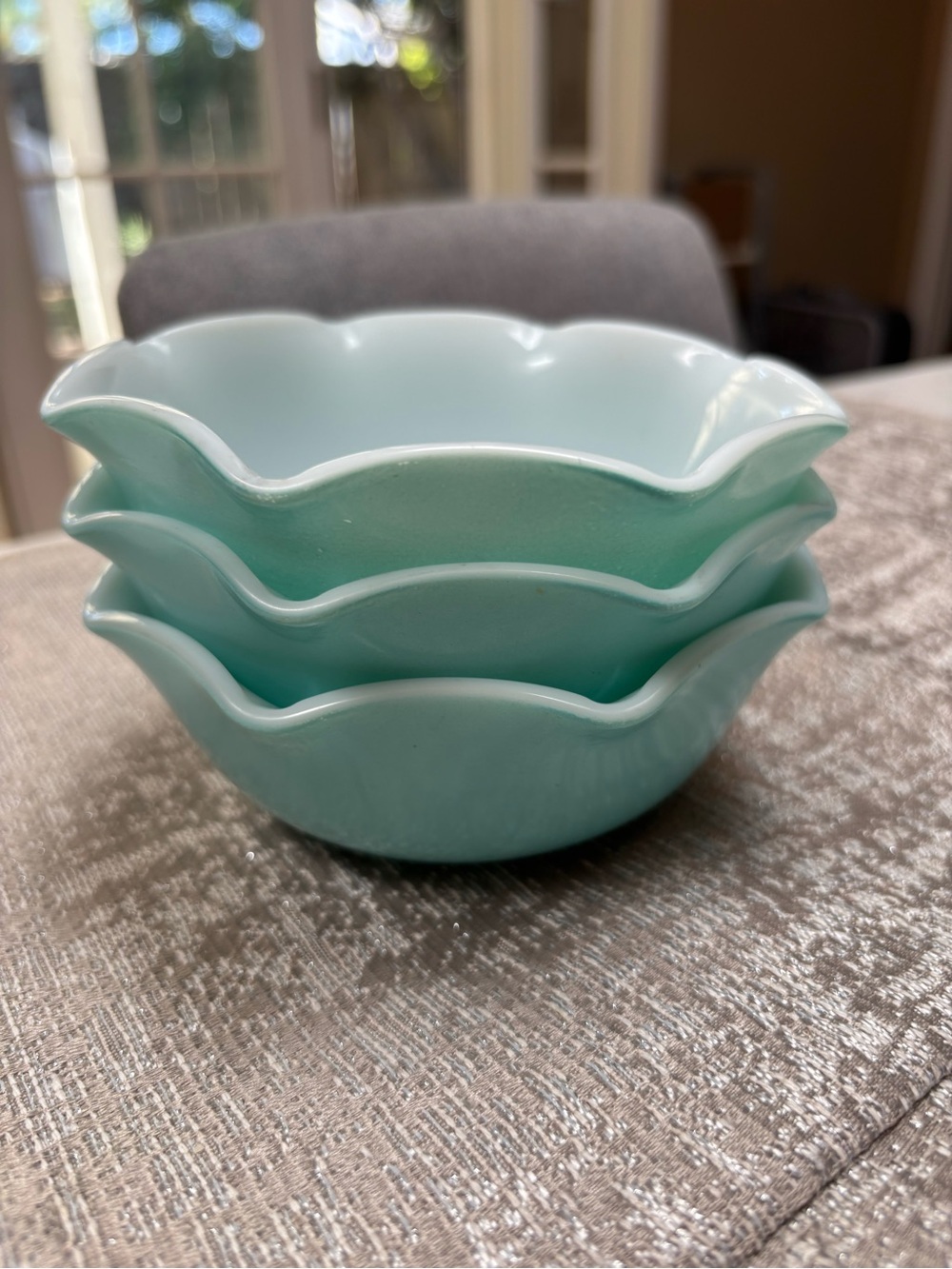 3 Vintage Hazel Atlas Turquoise Aqua Ruffle Crinoline Cereal Dessert Fruit Bowls